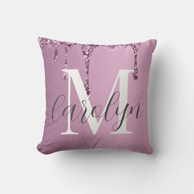 Elegant Rose Pink Glitter Drip Throw Pillow (Front)