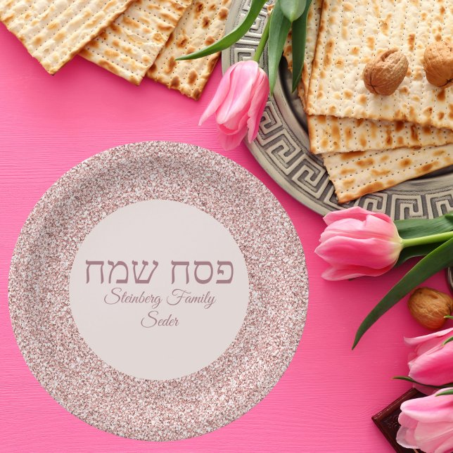 Elegant Rose Pink Glitter Hebrew Happy Passover  Paper Plates (Creator Uploaded)