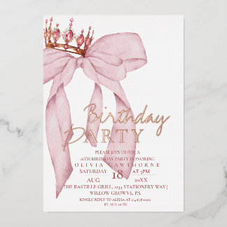 Elegant Rose Pink Gold Bow Birthday Party Foil Invitation