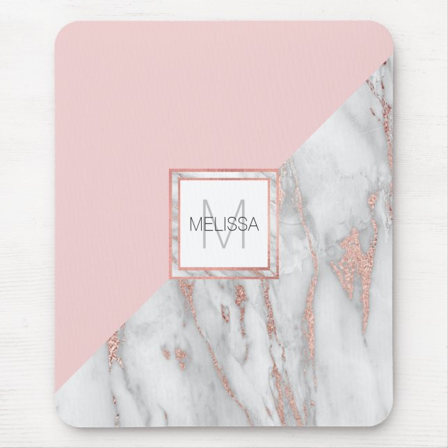 Elegant Rose Pink Gold Foil Marble Grey MONOGRAM Mouse Pad (Front)