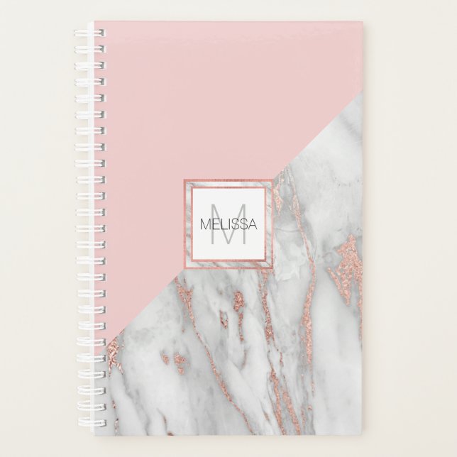 Elegant Rose Pink Gold Foil Marble Grey MONOGRAM Planner (Front)