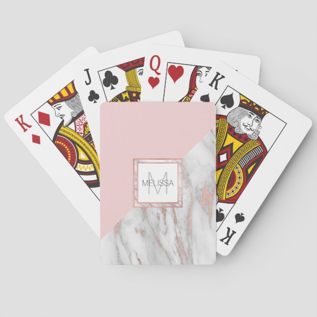 Elegant Rose Pink Gold Foil Marble Grey MONOGRAM Poker Cards (Back)