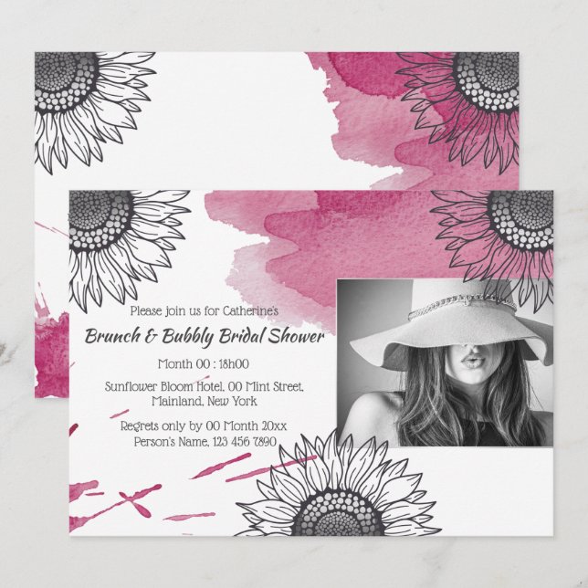 Elegant rose pink gray DIY photo sunflower party Invitation (Front/Back)