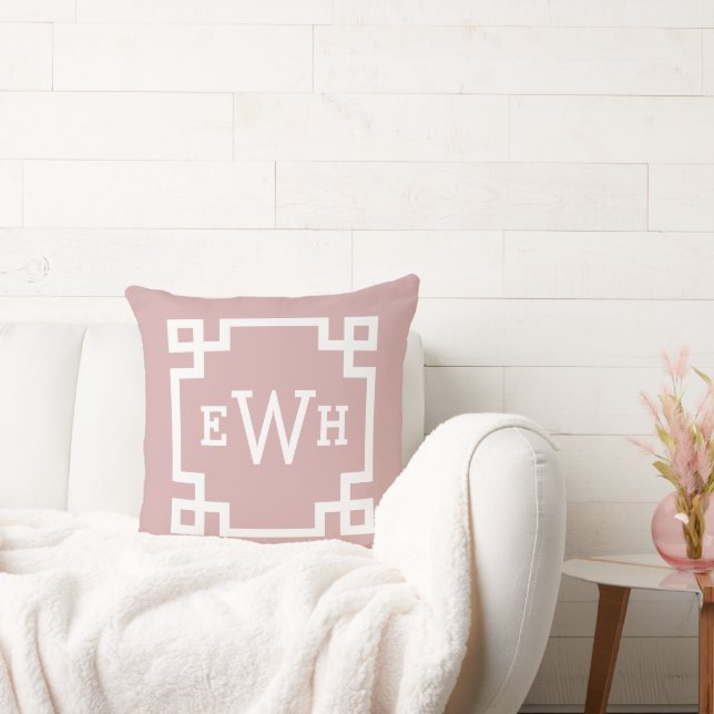 Elegant Rose Pink Greek Key Monogram Initial Throw Pillow (Couch)