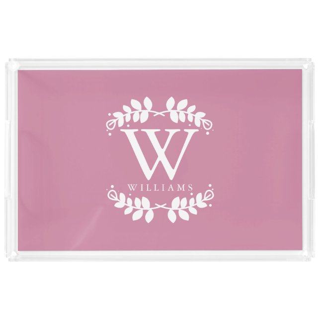 Elegant Rose Pink Modern Monogram Acrylic Tray (Front)