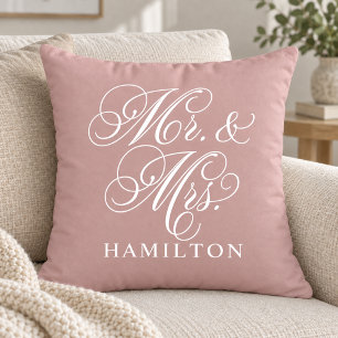 Elegant Rose Pink Mr and Mrs Script Wedding Throw Pillow