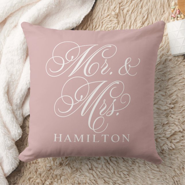 Elegant Rose Pink Mr and Mrs Script Wedding Throw Pillow (Blanket)