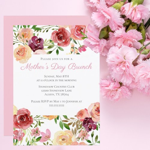 Elegant Rose Pink Peony Floral Mothers Day Brunch Invitation