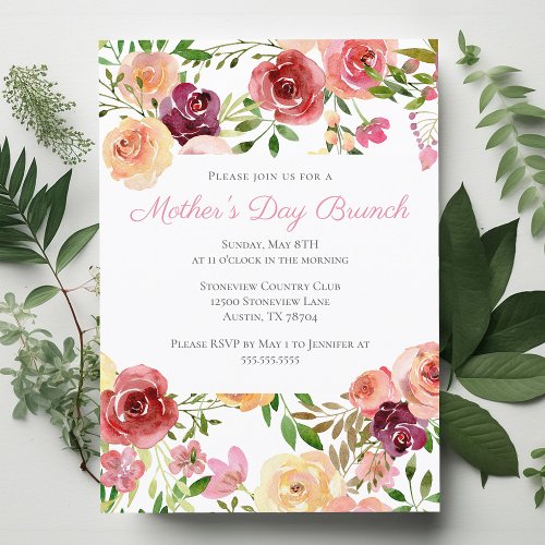 Elegant Rose Pink Peony Floral Mothers Day Brunch Invitation Postcard