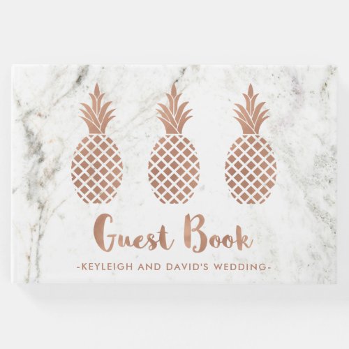 Elegant Rose Pink Pineapples on White Marble Guest Book