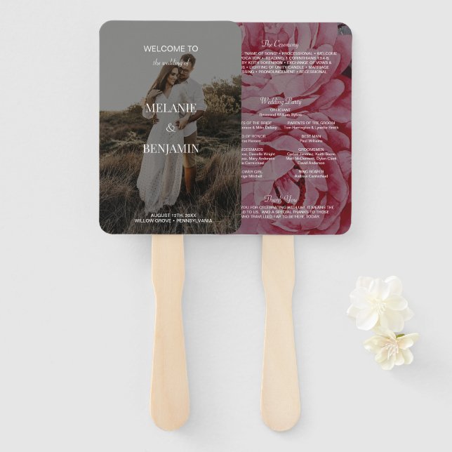 Elegant Rose Pink Romantic Floral Wedding Program Hand Fan (Front and Back)