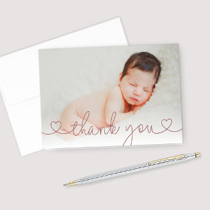 Elegant Rose Pink Script Newborn Girl Photo Letterpress Thank You Card