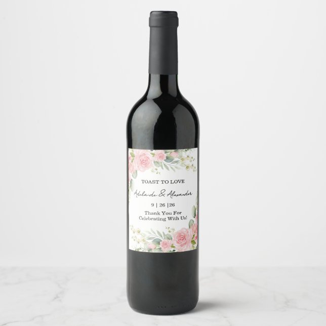 Elegant Rose Pink Wedding Wine Label (Front)