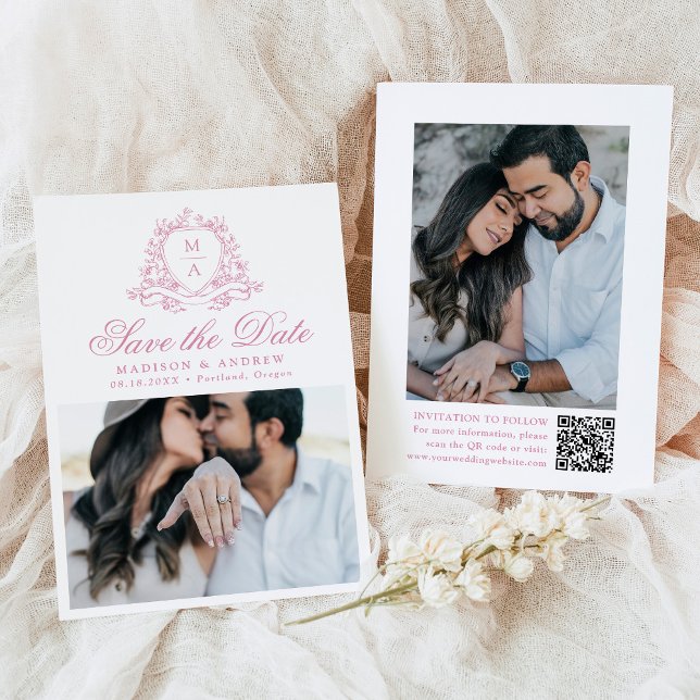 Elegant Rose Quartz Floral Crest Photo Wedding Save The Date (Creator Uploaded)