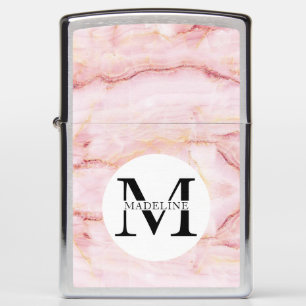 Elegant Rose Quartz Marble Monogrammed Zippo Lighter