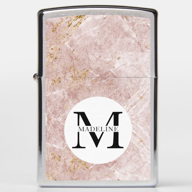 Elegant Rose Quartz Marble Monogrammed Zippo Lighter (Front)