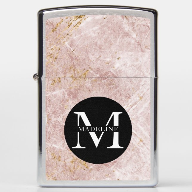 Elegant Rose Quartz Marble Monogrammed Zippo Lighter (Front)