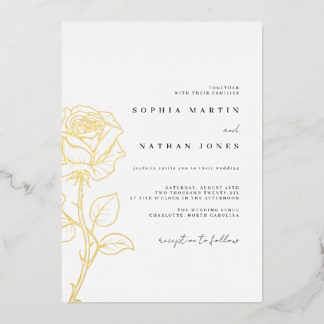 Elegant Rose Real Gold Foil Wedding  Foil Invitation (Front)