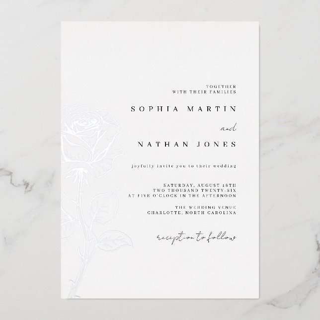 Elegant Rose Real Silver Foil Wedding  Invitation (Front)