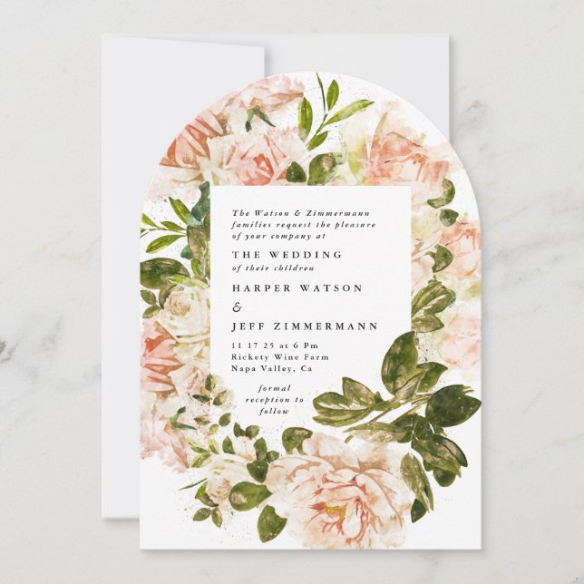 Elegant Rose Romance Watercolor Wedding Arch Invitation (Front)