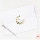 Elegant Rose Romance Wedding Classic Round Sticker<br><div class="desc">A classic elegant design modernised with text in wreath and the placement of the watercolor roses & greenery to embellish the Classic Round Sticker. Modern classic style florals. White and pink roses. Stylish classic wedding with this twist of modernism by Phrosne Ras Design - Elegant Rose Romance Watercolor Classic Round...</div>
