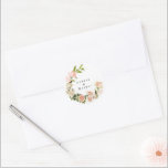 Elegant Rose Romance Wedding Classic Round Sticker<br><div class="desc">A classic elegant design modernised with text in wreath and the placement of the watercolor roses & greenery to embellish the Classic Round Sticker. Modern classic style florals. White and pink roses. Stylish classic wedding with this twist of modernism by Phrosne Ras Design - Elegant Rose Romance Watercolor Classic Round...</div>