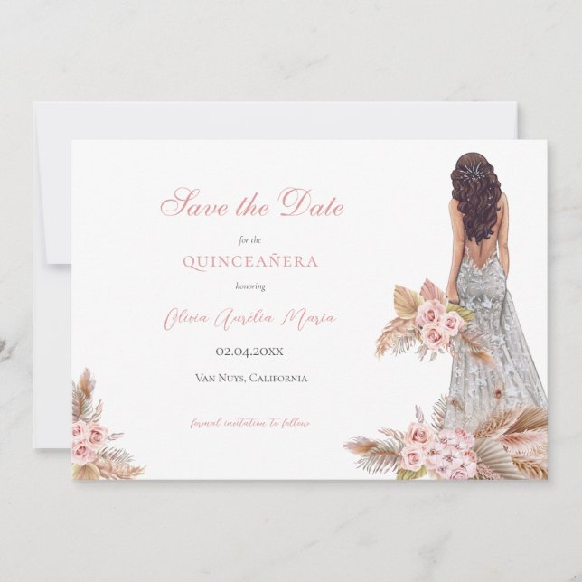 Elegant Rose Script Pampas Grass Quinceañera  Save The Date (Front)