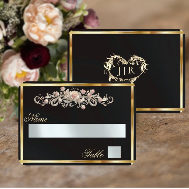 Elegant Rose Scroll & Heart Monogram - Black Place Card (Creator Uploaded)