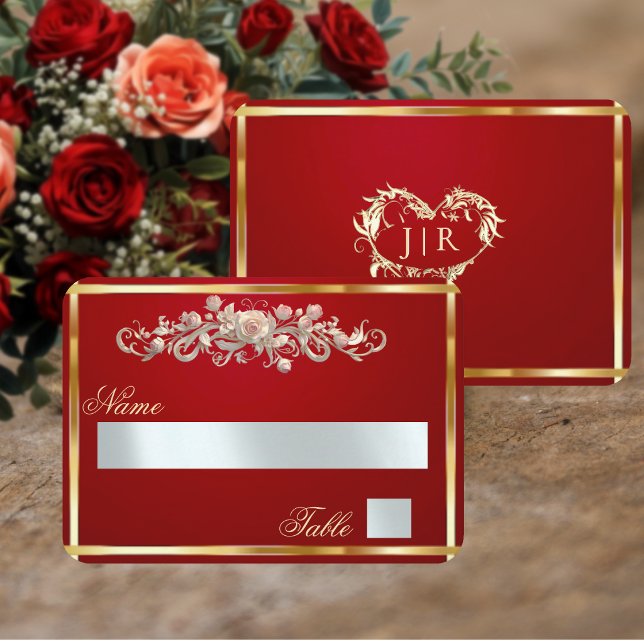 Elegant Rose Scroll & Heart Monogram - Red Place Card (Creator Uploaded)