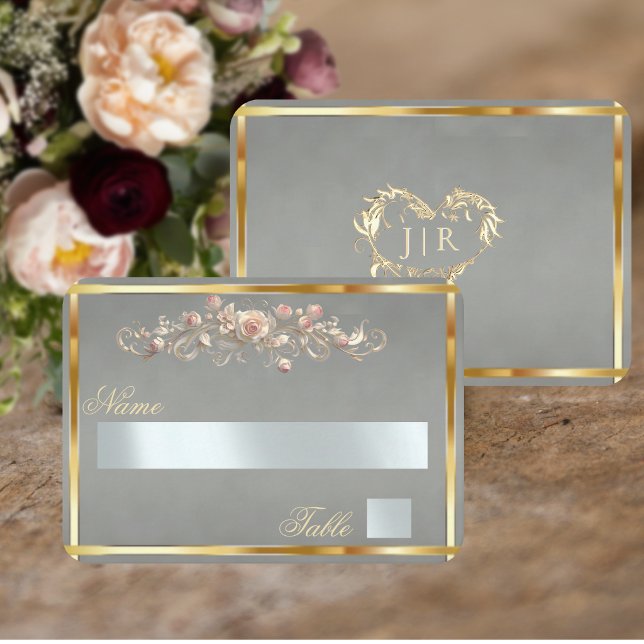Elegant Rose Scroll & Heart Monogram - Sage Place Card (Creator Uploaded)