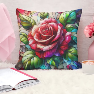 Elegant Rose Stained Glass Effect Throw Pillow