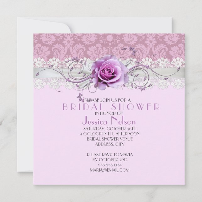 Elegant Rose Swirls Ribbon Damask Bridal Shower Invitation (Front)