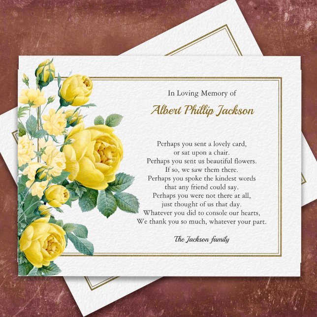 Elegant Rose Sympathy Funeral Thank You Card  (Elegant Yellow Rose Bereavement Memorial Sympathy Funeral Thank You Card)