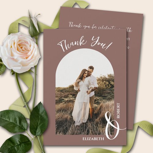 Elegant Rose Taupe Wedding Photo Thank You Card