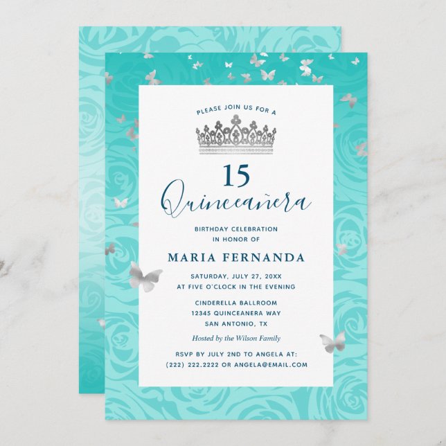 Elegant Rose Teal Silver Crown Floral Quinceanera Invitation (Front/Back)