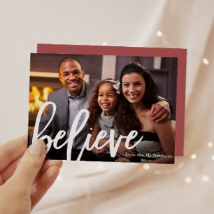 Elegant Rose Typography Believe Photo Christmas Holiday Card