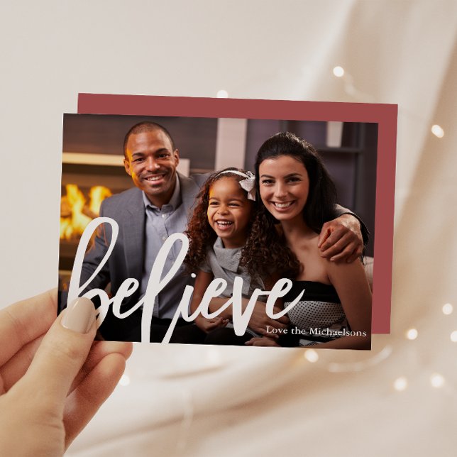 Elegant Rose Typography Believe Photo Christmas Holiday Card (Creator Uploaded)