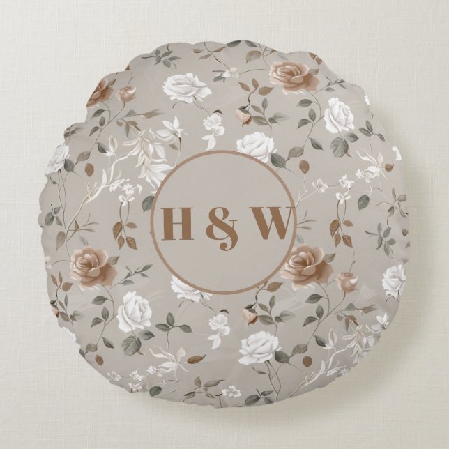 Elegant Rose & Vine Pattern Round Pillow (Front)