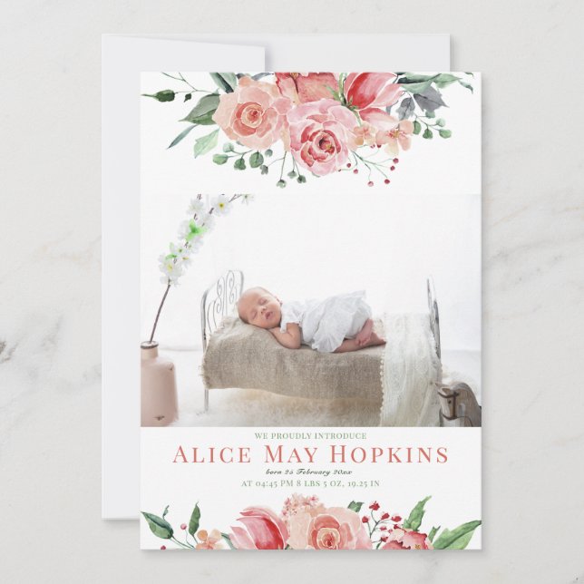 Elegant Rose Watercolor Photo Newborn Girl Birth Announcement (Front)