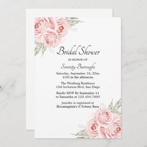 Elegant Rose Watercolor Pink Floral Bridal Shower Invitation