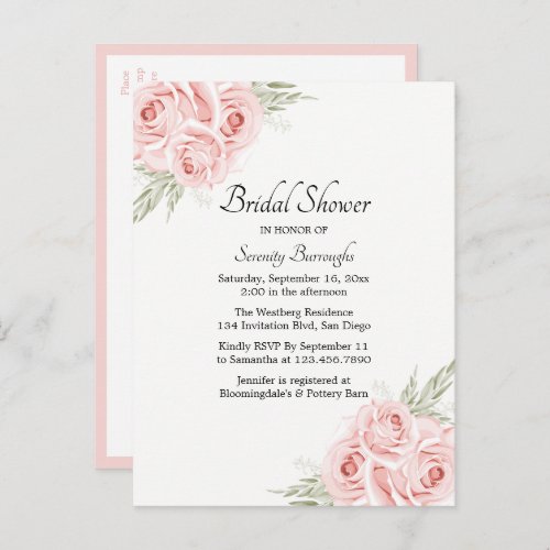 Elegant Rose Watercolor Pink Floral Bridal Shower Invitation Postcard