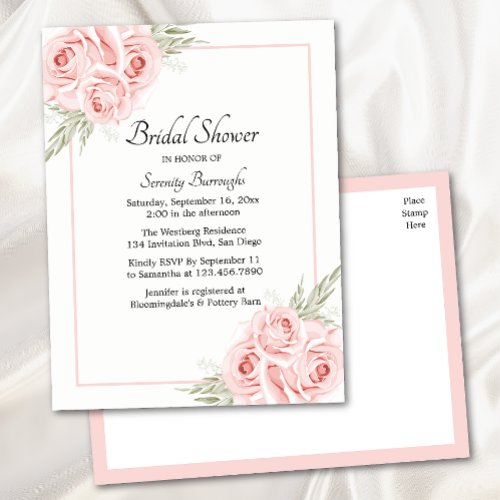 Elegant Rose Watercolor Pink Floral Bridal Shower Invitation Postcard