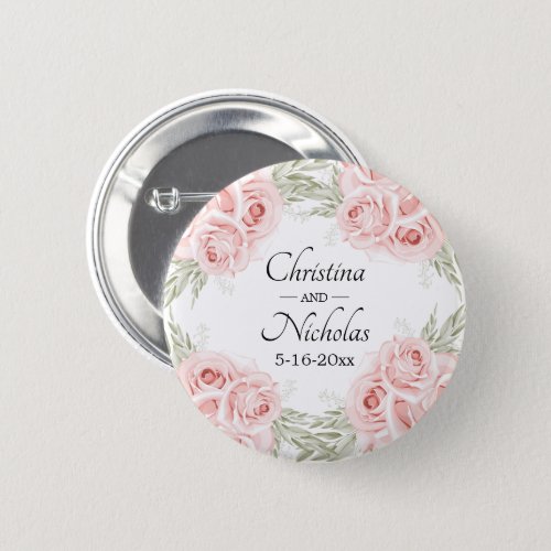 Elegant Rose Watercolor Pink Floral Wedding  Butto Button