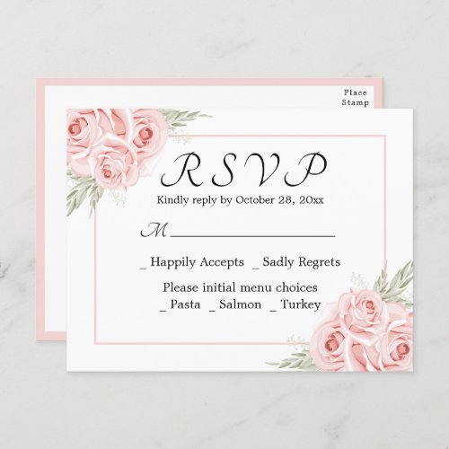 Elegant Rose Watercolor Pink Floral Wedding RSVP Postcard