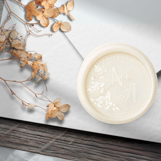Elegant Rose Wedding Monogram Save the Date Wax Seal Stamp (Elegant Rose Wedding couple Monogram Wax Seal)