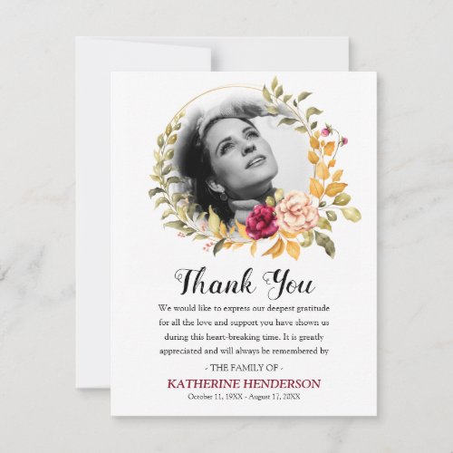 Elegant Rose Wreath Photo Sympathy Memorial Thank You Card