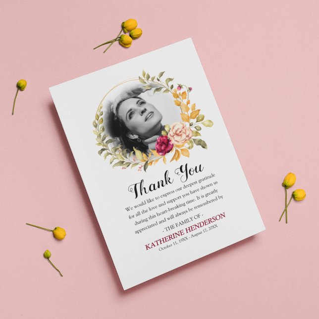 Elegant Rose Wreath Photo Sympathy Memorial Thank You Card (Creator Uploaded)