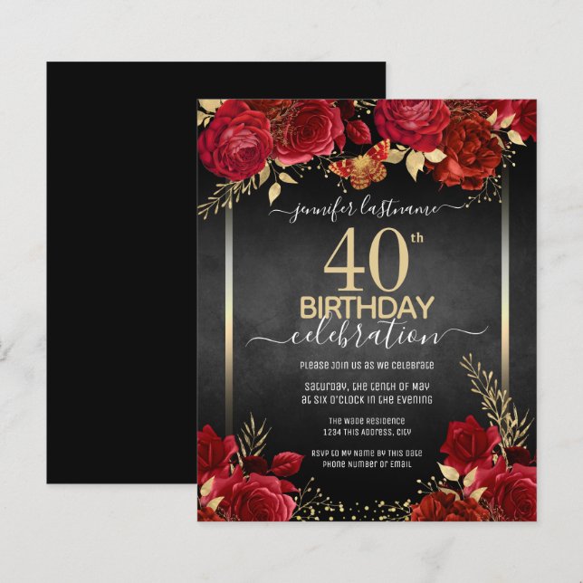 Elegant Roses 40th Birthday Invitation (Front/Back)