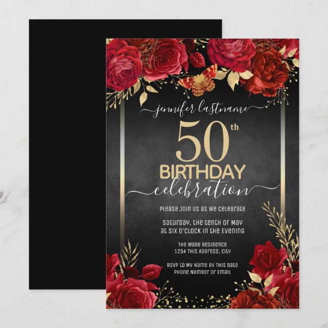 Elegant Roses 50th Birthday Invitation (Front/Back)