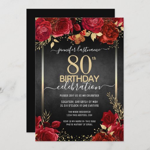 Elegant Roses 80th Birthday Invitation